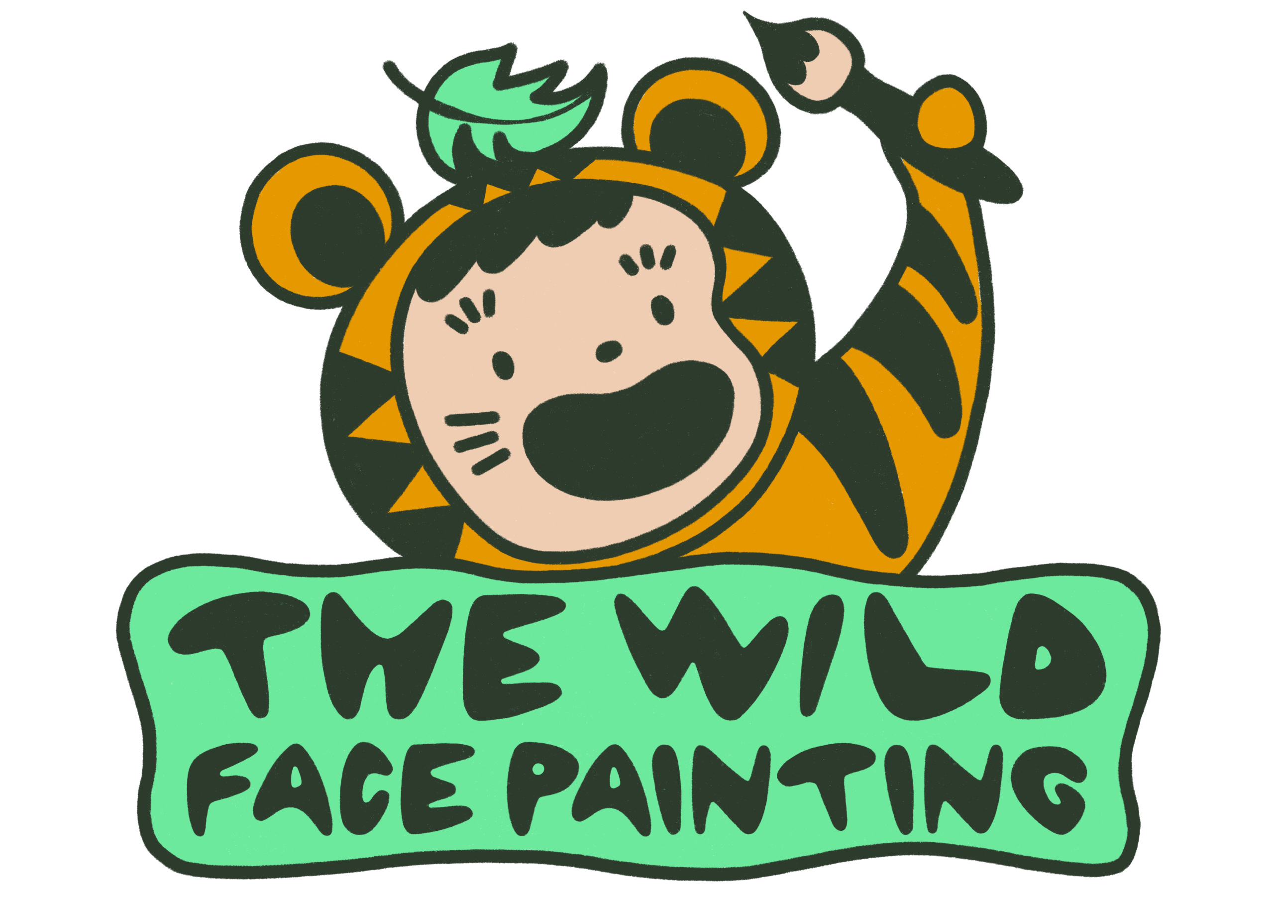 A cartoon child dressed as a tiger wields a paint brush, emerging from behind a green block that says "THE WILD FACE PAINTING"